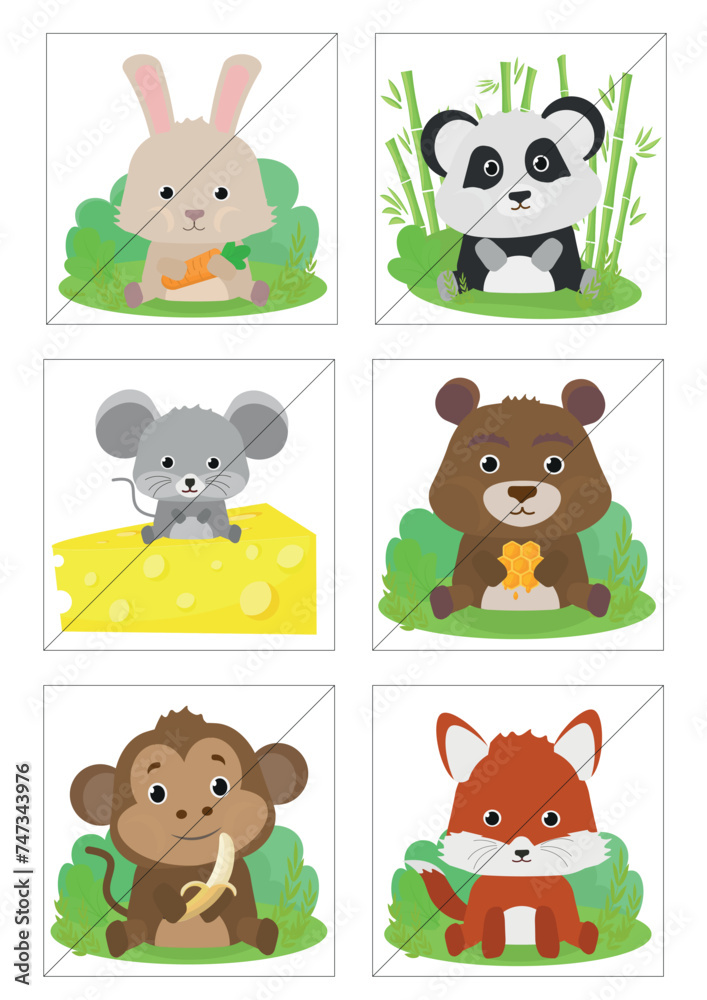 My first puzzle, education game for children. Kids logic development. Cute animals vector illustration. Jigsaw puzzle.