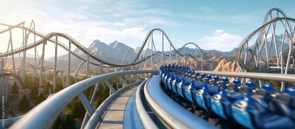 Fototapeta premium An extreme, adrenaline-pumping rollercoaster track against a backdrop of blue skies and snowy mountains