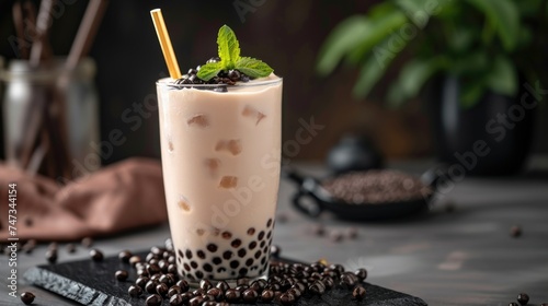 Iced Bubble Tea with Tapioca Pearls and Mint Garnish on Dark Background