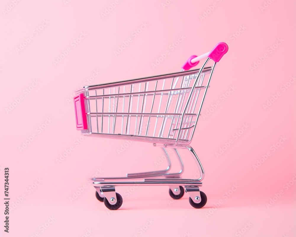 Empty shopping cart on pink background. Shopping, shopping online concept.,copy space, top view Empty shopping cart on pink background. Shopping, shopping online concept.,copy space, top view