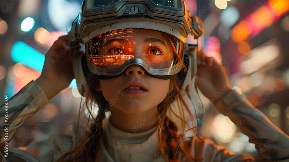 Future vision: young girl with high-tech vr headset