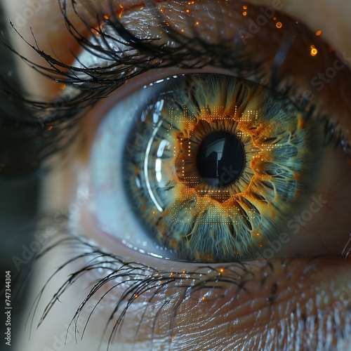 High-detail image showcasing an advanced cybernetic human eye with glowing elements
