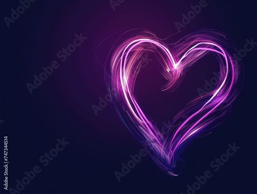 Glowing single line art violet pink neon light drawing heart doodle.