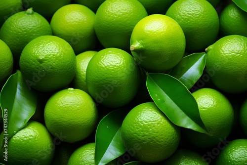 Fresh ripe juicy limes as background, closeup, top view