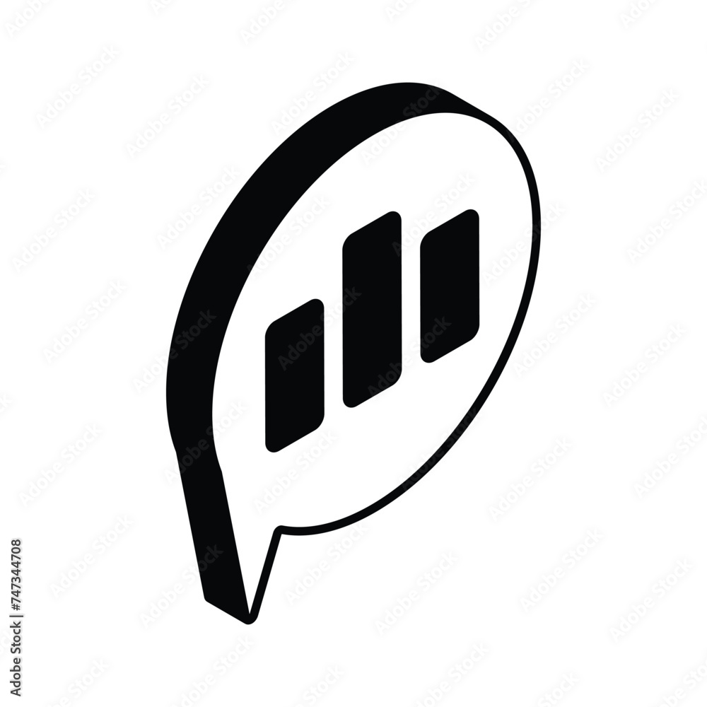 Bar chart on chat bubble showing concept isometric icon of analytical comment Bar chart on chat bubble showing concept isometric icon of analytical comment