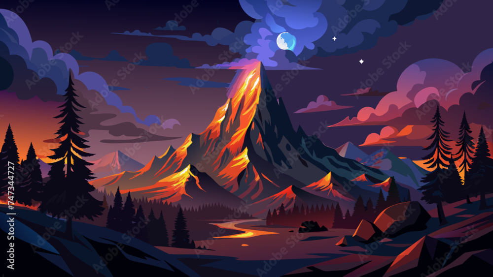 Realistic lava mountains landscape. Night wood panorama, stars,galaxy, pine trees and mountains silhouettes. Vector forest hiking background