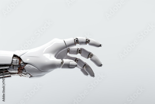 Cyborg robotic arm, metal bionic prosthesis, isolated on a white background
