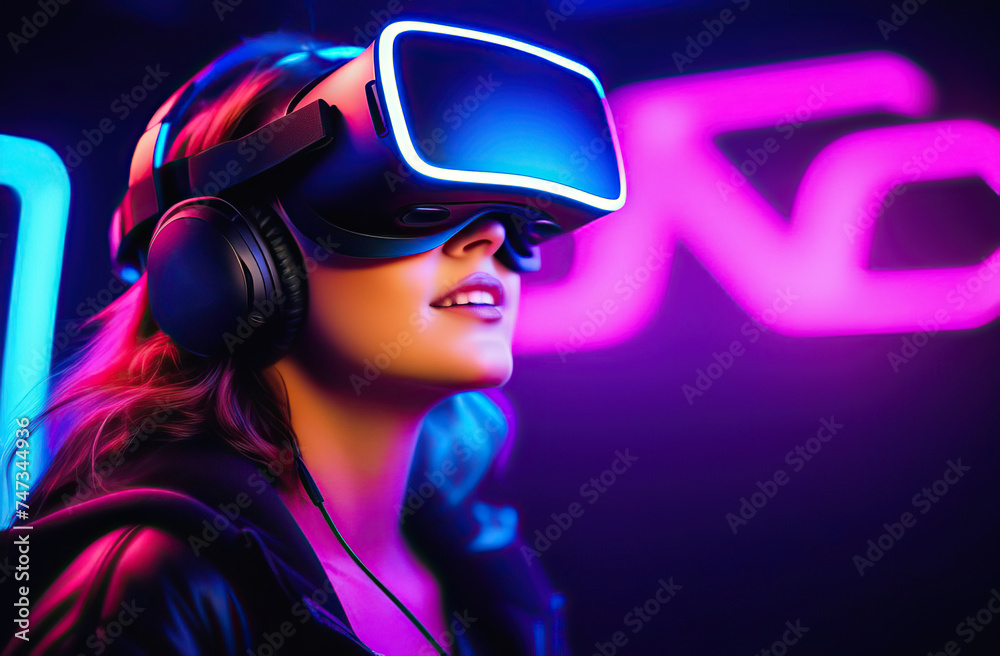 Happy girl playing virtual reality game in vr headset glasses in neon lights. Gamer in goggles with joysticks. Happy girl playing virtual reality game in vr headset glasses in neon lights. Gamer in goggles with joysticks.