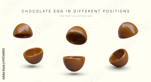 Open chocolate egg in different positions. Shiny chocolate halves, vector mockup