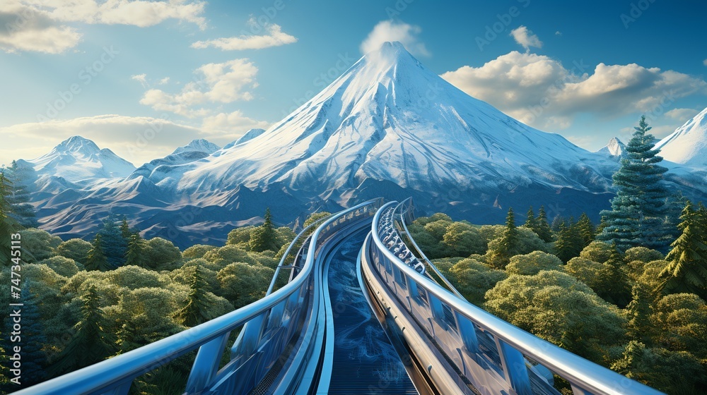 An extreme, adrenaline-pumping rollercoaster track against a backdrop of blue skies and snowy mountains - obrazy, fototapety, plakaty 