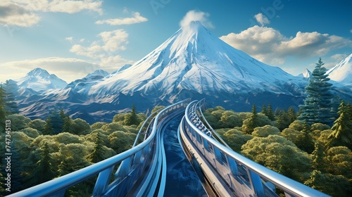 An extreme, adrenaline-pumping rollercoaster track against a backdrop of blue skies and snowy mountains