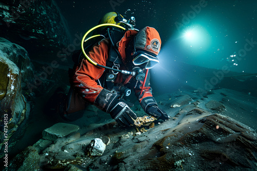 Deep-sea underwater archaeologist, explorer, Scuba Diver, searching and study artifacts, cleaning sea garbage, pollution relief, world problem, dangerous, difficult, work, underwater excavations