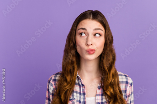 Photo of lady looking up empty space deep thinking creative wear casual outfit isolated shine color background