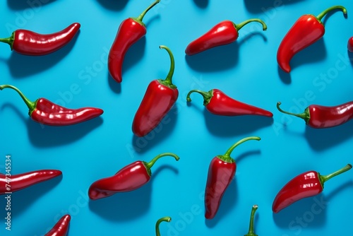 Playful Red Chili Peppers on Blue for Culinary Content and Food Industry Marketing.