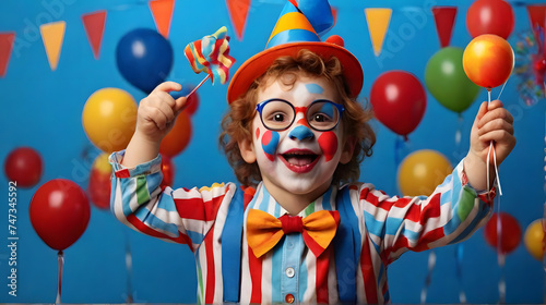 happy birthday clown with balloons, happy kid clown on blue background, birthday and april fool's day celebration, generative ai