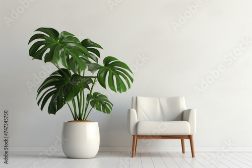 White Chair Next to Potted Plant in Minimalistic Waiting Area Generative AI