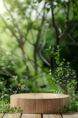 Wooden podium green bokeh background wooden