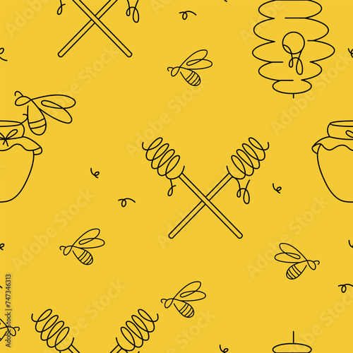 Seamless patterns with bees. Pattern for honey package. Linear ornamental background