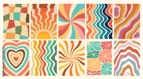 Groovy backgrounds collection, retro wallpaper set, vintage templates, posters, prints, cards, digital paper. EPS 10
