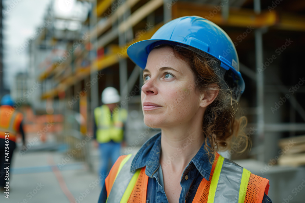 Determined Female Architect Overseeing Construction Site. A reflective female architect in a blue hard hat and safety vest at a building site. Determined Female Architect Overseeing Construction Site. A reflective female architect in a blue hard hat and safety vest at a building site.
