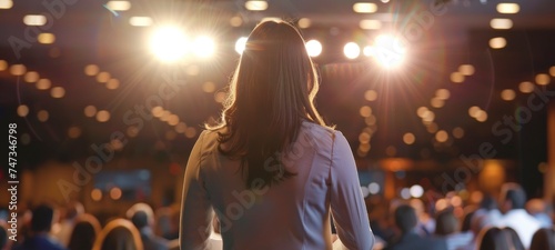 Inspiring Presence, Motivational Speaker Captivates Audience from Stage at Conference or Business Event, Viewed from Behind.