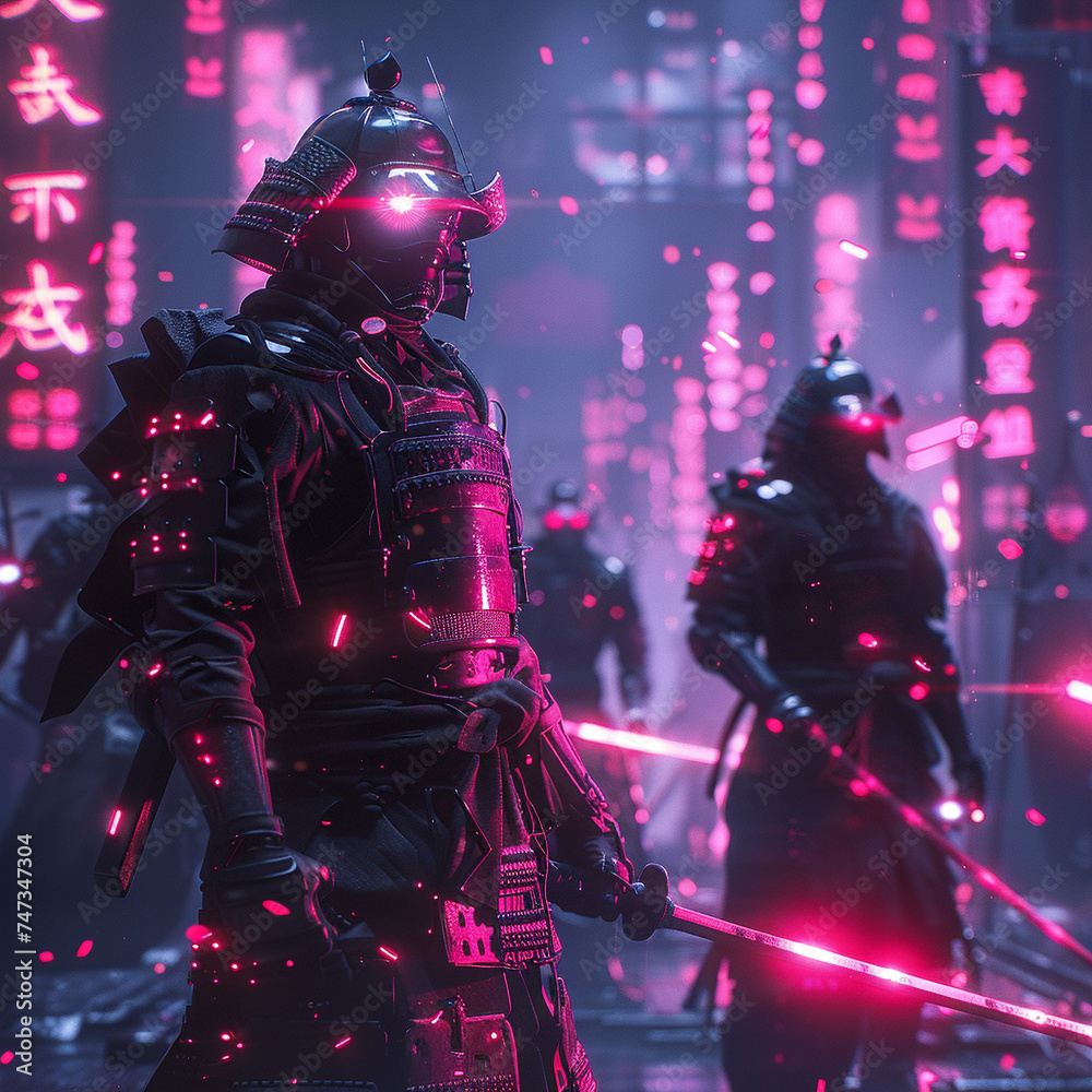 Naklejka premium Neon flashes on samurai armor and ninja silhouettes, as they navigate a robot-infested dystopia, a dance of shadows and light
