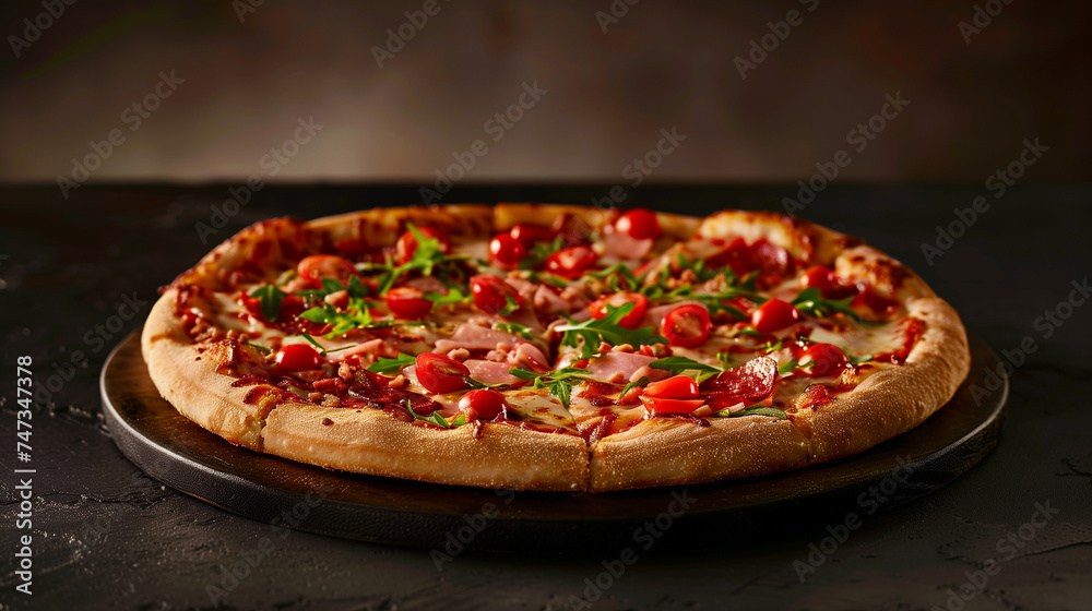 This deluxe pizza is generously topped with sliced ham, spicy arugula, cherry tomatoes, and melted cheese, perfect for any meal. This deluxe pizza is generously topped with sliced ham, spicy arugula, cherry tomatoes, and melted cheese, perfect for any meal.