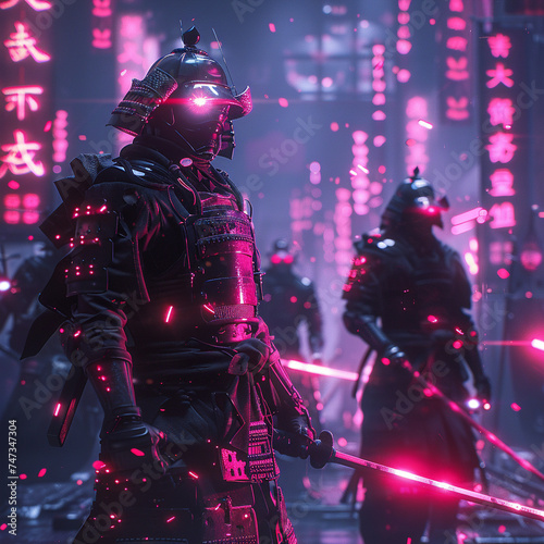 Neon flashes on samurai armor and ninja silhouettes, as they navigate a robot-infested dystopia, a dance of shadows and light