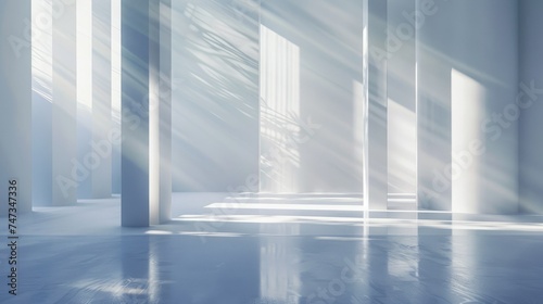 Abstract white interior space with concrete columns and bright sunlight shining through the large windows. 3d rendering illustration.