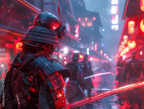 Samurais and ninjas blend with the neon backdrop of a futuristic city, their blades ready against the cold steel of robots