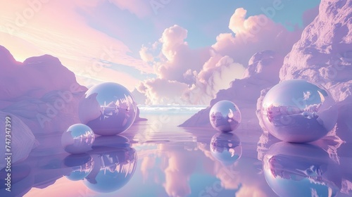 Tranquil dawn over a pink lake with surreal floating spheres reflecting the environment.