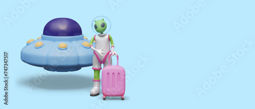 Space travel. Alien is standing with suitcase near flying saucer. Unusual tours