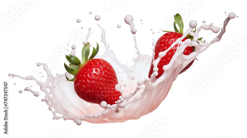 Fresh strawberry cut in half dropped into yogurt or splashed with milk isolate on transparent background , cut out.