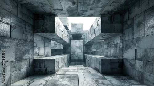 A 3D rendering of a futuristic concrete structure with a glowing light in the distance.