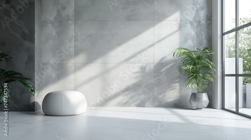 The image is a 3D rendering of a modern living room. The room is decorated in a minimalist style with white walls and floors.