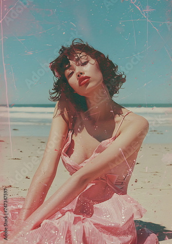 a woman in a pink dress is sitting on the beach, retro style photofilter photo