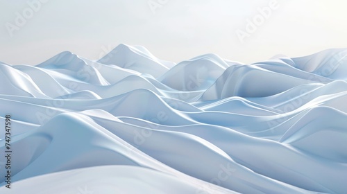 3D rendering of a beautiful winter landscape. The image features rolling snow-covered hills and mountains in the distance.