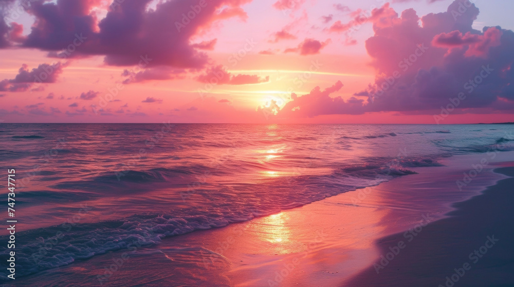 Background Deep hues of pink and orange adorn the sky as the sun sets over the ocean creating the perfect backdrop for a romantic getaway. - obrazy, fototapety, plakaty 