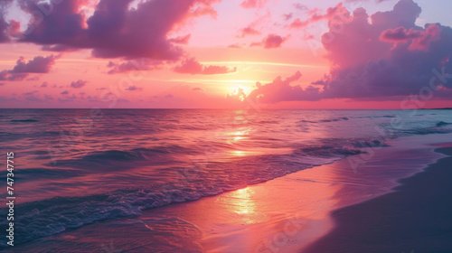 Background Deep hues of pink and orange adorn the sky as the sun sets over the ocean creating the perfect backdrop for a romantic getaway. photo