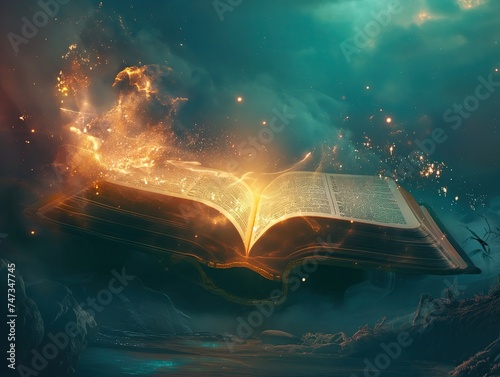 An old open book with lights of fantasy and mysticism