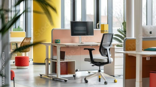 Modern office interior with a sit-stand desk, ergonomic chair, and plants. The desk has a pink modesty panel and a white top.
