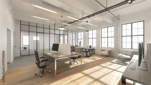 A modern office space with large windows, hardwood floors, and a minimalist design. © Togrul