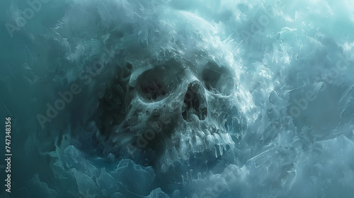 Emerging from the midst of melting ice cubes, a crystal-clear glass skull forms, imbuing the atmosphere with a mysterious and chilling presence.