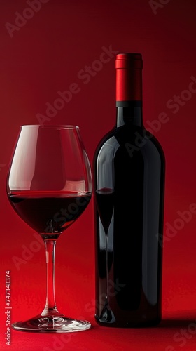 Wine bottle and glass on a red background