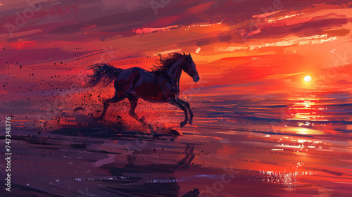 A majestic horse gallops freely along the water's edge, its reflection mirroring in the rippling waters below. Horse galloping on a digital watercolor beach, vibrant sunset.