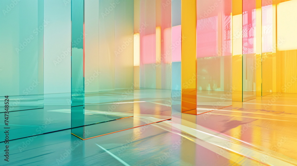 Colorful glass walls and columns add vibrancy to the symmetrical room Colorful glass walls and columns add vibrancy to the symmetrical room