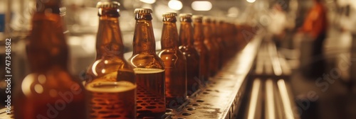Crafting Perfection, Brown Glass Beer Bottles Progressing Along Production Line Conveyor Belt in Brewery, with Workers in Background, Highlighting the Art of Industrial Food Production.