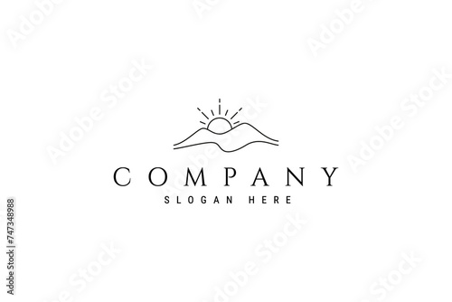 Mountain hills with sunrise abstract simple minimalist linear outline logo design