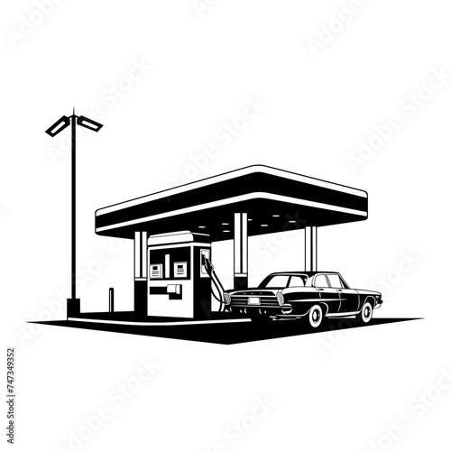 Gas station with car black icon on white background.