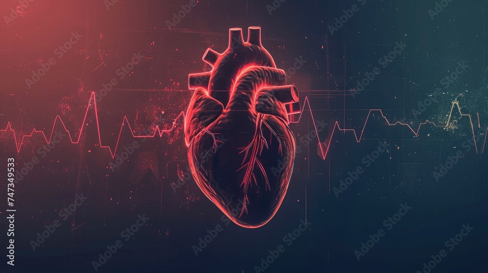 Human Heart with Cardio Pulse Line on Dark Background, Concept of Healthcare and Cardiology - obrazy, fototapety, plakaty 